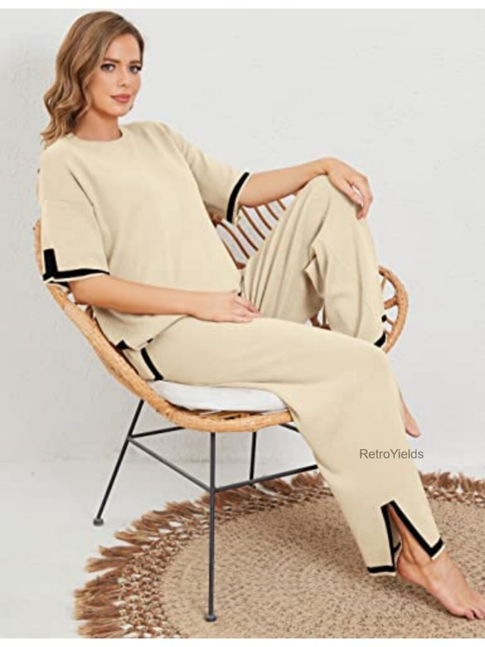 Womens Knit 2 Piece Sweater Set Short Sleeve Top Wide Leg Lounge Pants - Picture 5 of 6